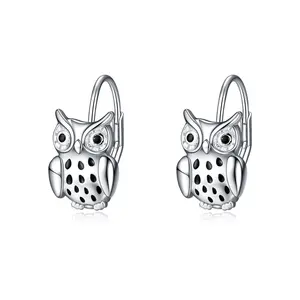 New Design Factory Wholesale 925 Sterling Silver Jewelry Owl Dangle Huggie Hoop Earrings