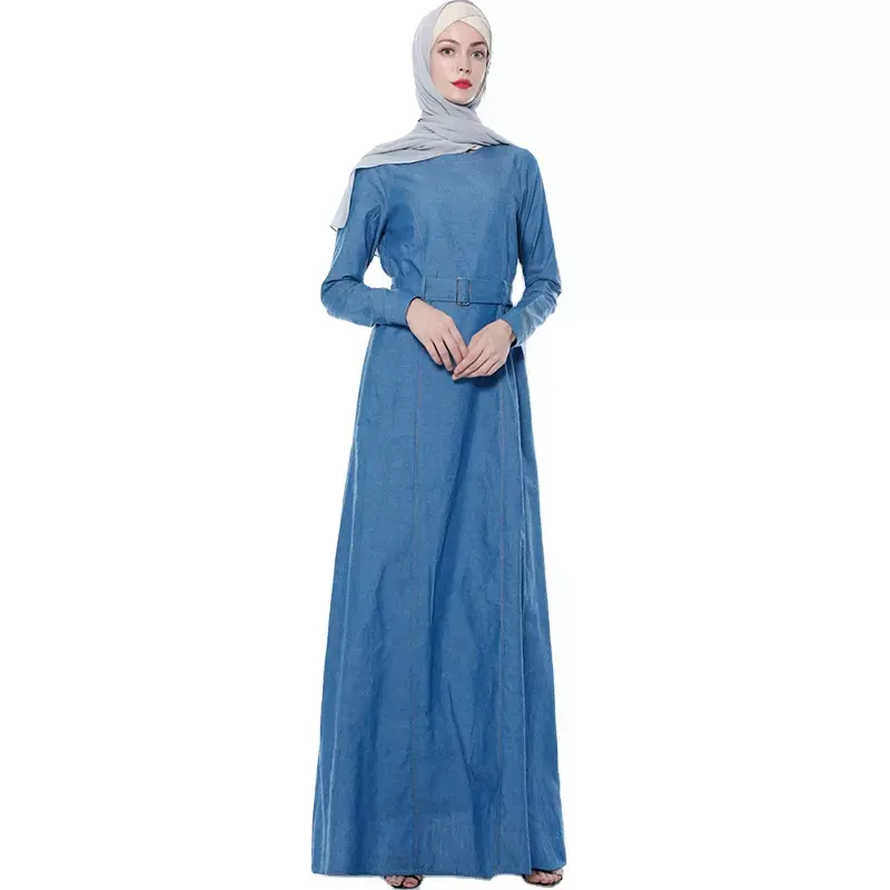 Abaya-cinturón islámico para mujer, vestido de algodón musulmán para rezar, abaya denim de Dubái, precio bajo, venta al por mayor