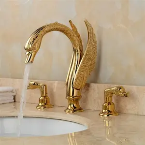 Golden Swan Bathtub Shower Faucet Set Wall Mounted Bathtub Brass Faucet Gold Waterfall Deck Mount Bathroom Faucet