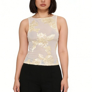 Top Corto sin Mangas para Mujer, con Malla Transparente y Bordado Floral 3D, Elegante y Romántico - Product Image 3