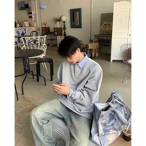 Gray Floral Fake Two-Piece American Style Polo for Men, Mature and Stable Long Sleeve T-<b>Shirt</b> with <b>Shirt</b> Collar, Heavyweight - Product Image 3