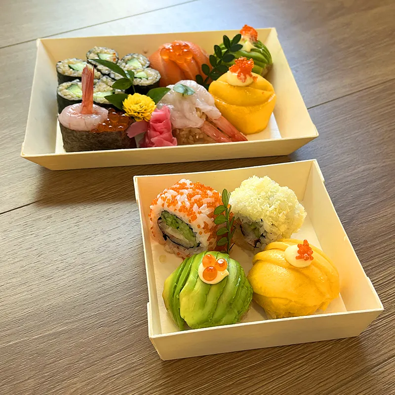 Houten Sushi Doos Sushi Fruit Salade Eten Japanse Stijl Doos Verpakking Houten Groothandel Wegwerp Taart Snack Box