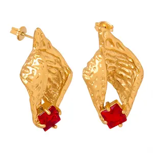 Waterproof 18K Gold Plated Geometric Hollow Red Zircon Stud Earrings For Women Trendy Non-tarnish Stainless Steel Earrings