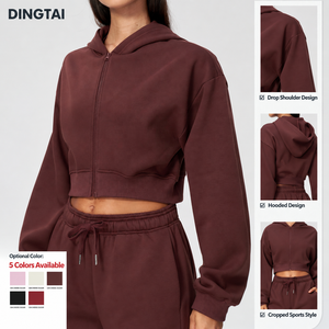 Sweat-shirt à capuche zippé court pour femme, doublé polaire, avec cordon de serrage, en mélange de coton, coupe ajustée, manches longues, pour le sport et la course à pied - Product Image 1
