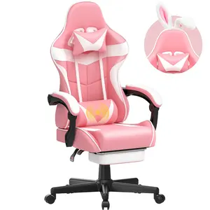 2024最新可爱可爱罗莎新罗游戏女全粉色白色PU皮革游戏电脑游戏游戏椅，可爱的兔子耳朵