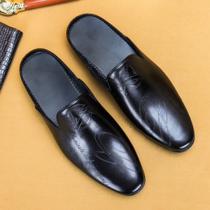 Men's genuine <b>leather</b> engraved pattern head cover <b>slippers</b> men's shoes loafers - Product Image 2