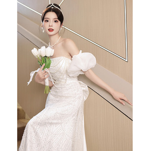 S0212N abito da sposa donna bianco di classe stile francese di lusso accessibile per il fidanzamento e gli eventi serali nuova vestizione - Product Image 3