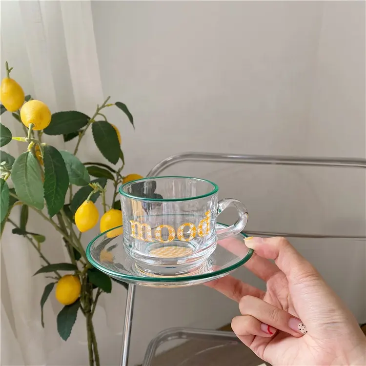Homemade niche creative ins wind thousand birds yellow plaid glass set coffee mugs breakfast cup and saucer