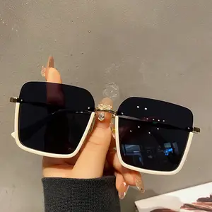 Trendy Square Oversized Sunglasses Women 2024 New Luxury Half Frame Sun Glasses Female Gradient Beige Gold Summer Shades