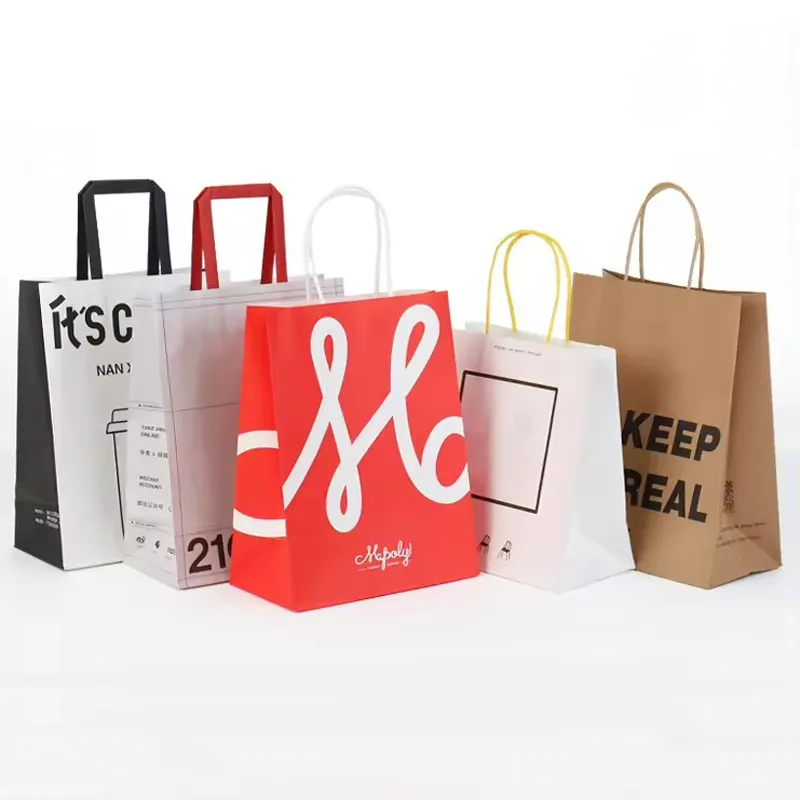 Baskı logosu biyobozunur beyaz kahverengi Kraft kağıt hediye gıda alışveriş çantası bükülmüş saplı