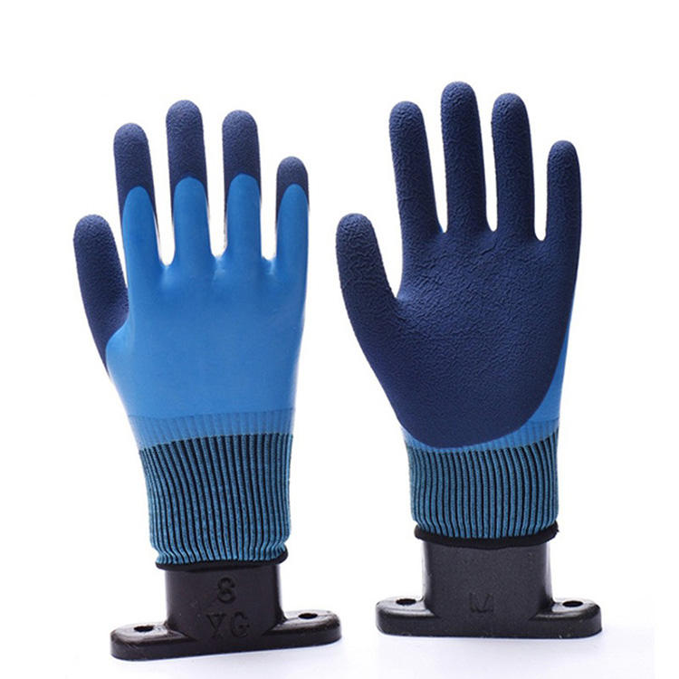 Gants de travail de sécurité en latex froissé enduits de paume en caoutchouc tricoté en nylon bleu à revêtement antidérapant