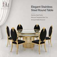 Table de banquet ronde en acier inoxydable doré avec base en treillis diamanté et plateau en verre trempé miroir pour hôtels (vente en gros)