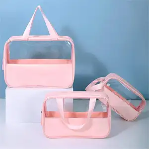 Tas kosmetik perlengkapan mandi PVC Semi transparan kustom tas cuci perjalanan ritsleting portabel tahan air