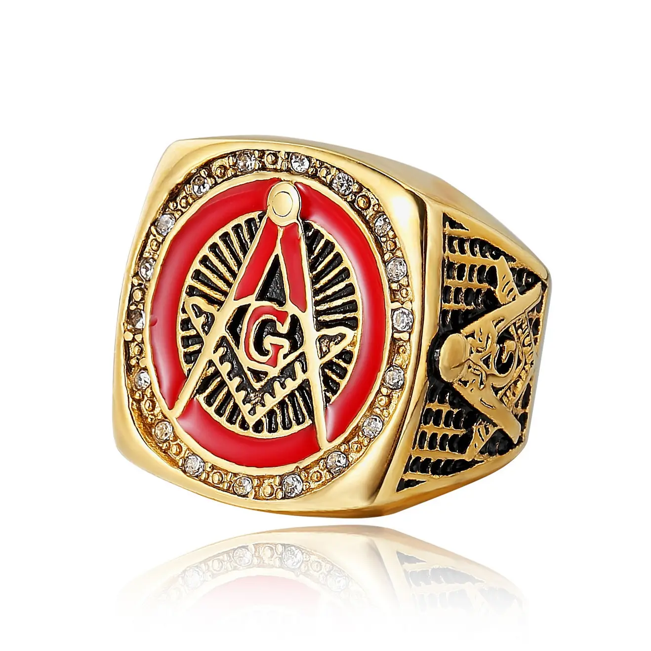 Men's Stainless Steel Vintage Freemason Masonic Biker Rings antique gold mason ring with crystal