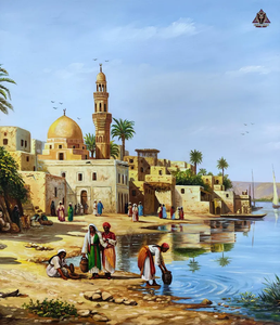 Pintura <span class=keywords><strong>al</strong></span> Óleo Orientalista Abstracta del Siglo XIX, Pueblo Egipcio en las Orillas del Nilo, Paisaje Árabe Islámico Pintado a Mano sobre Lienzo - Product Image 4