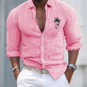 <span class=keywords><strong>Camicia</strong></span> Premium da <span class=keywords><strong>Uomo</strong></span> in <span class=keywords><strong>Lino</strong></span> Azzurro con Stampa Palme, Maniche Lunghe, Casual da Spiaggia per Vacanze e Uso Quotidiano - Product Image 3