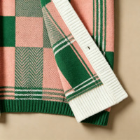 Ensemble 2 pièces pour femmes, tenues d'automne et d'hiver, pulls en tricot jacquard à carreaux rose et vert, cardigan long à ouverture sur le devant avec perles