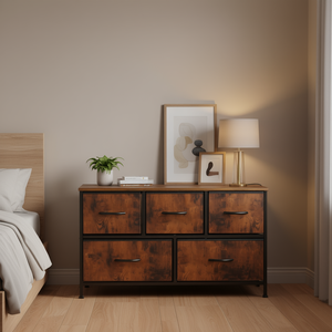 Commode à 5 tiroirs Sweetcrispy, structure métallique, tiroirs en tissu, rangement pour chambre à coucher, style industriel, meuble autoportant - Product Image 2