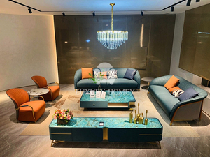 Juego de sofá cama de cuero genuino moderno hogareño de lujo sofá verde azulado + mueble de TV azul pavo real + mesa de centro de Metal de mármol + acento naranja - Product Image 5