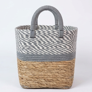 Natural Water Hyacinth Storage Basket Handcrafted Woven Towel Holder Bathroom Organizer <b>Bin</b> With Contrast Gray Handles - Product Image 1