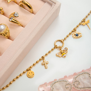 Gold Charm Necklace With Bee Dragonfly Smile Eye Pendant Fashion Jewelry For Women - Product Image 3