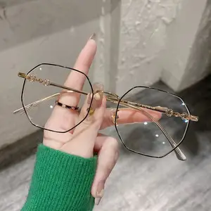Vintage Großer Rahmen Weibliche Kurzsichtigkeit Brillen Rahmen Trend klare Linsen Brille Metall Polygonal Anti-Blaulicht-Brille für Frauen