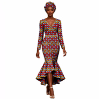 Robe sirène en coton imprimé wax africain de haute qualité avec foulard, robes ethniques à manches longues et col en V pour femmes