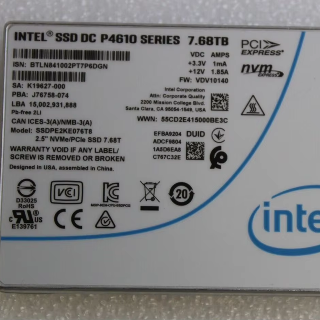 Intel DC P4610 SSDPE2KE076T8 7.68TB NVMe U.2 PCIe 2.5" Solid State Drive Internal Enterprise SSD for Server