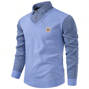 Maglione foderato in pile con risvolto a righe a maniche lunghe con scollo a V in maglia spessa maglia Pullover Casual da uomo maglione <span class=keywords><strong>Polo</strong></span> Top - Product Image 2