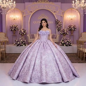 Dy1557 Luxury Lilac Quinceanera Ball Gown 3D Floral Trim Pleated Bodice <b>Silver</b> Damask Jacquard Skirt Jancember - Product Image 1