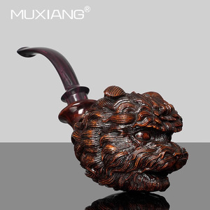 MUXIANG Hand Carved Lion Head Tobacco Pipe Bent Type Dark Colored Smoking Pipe For Men - Product Image 4