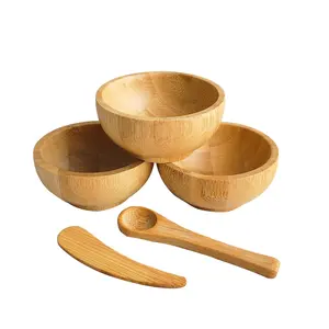 handmade eco friendly DIY cosmetic masking mixing tools mini wooden bamboo bowl set with bamboo spatula, spoon