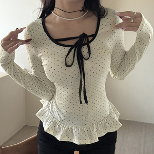 Top ajustado de manga larga con lunares para mujer, con lazo y ribete en contraste, dobladillo peplum - Product Image 2