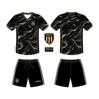 Ensemble complet de tenue de football personnalisée, maillot noir et or, shorts, chaussettes, survêtement par sublimation, casquette de baseball, sac à dos, logo personnalisé