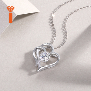 Nouveau Design Collier en Argent Luxe Cœur Entrelacé Double, Moissanite Centrale Sertie à Griffes, Cadre Cœur Demi-Pavé, Cadeau Romantique - Product Image 5