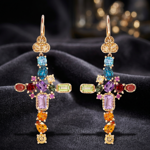 Boucles d'oreilles pendantes en forme de croix plaquées or 18 carats avec pierres précieuses multicolores, bijoux religieux pour femmes, pour les fêtes - Product Image 3