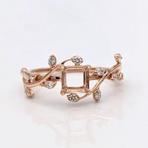 Leafy Vine Asscher Cut Statement Ring Semi-Mount Ring Custom 9K 10K 14K 18K Solid Gold Ring Setting