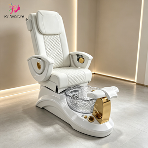 Fauteuil de pédicure électrique inclinable blanc de luxe pour salon de manucure et spa, avec bassin à pieds en verre et décoration dorée - Product Image 1
