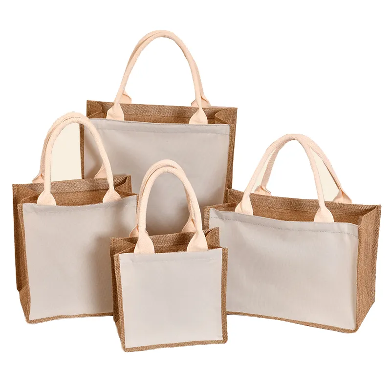 Custom sublimation printing logo reusable burlap handbag jute portable shopping gift bag women waterproof retro linen tote bag