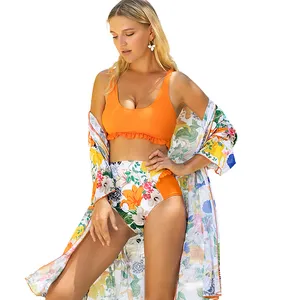 Square Neck Women's Bikini Printed High Waisted Ladies Swimsuit and Printed Swim Suit Cover for Women Adults Summer up Orange