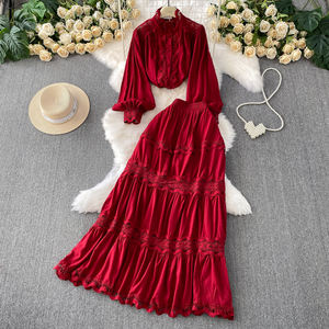 Traje de dos piezas <span class=keywords><strong>Blusa</strong></span> de manga farol <span class=keywords><strong>con</strong></span> cuello levantado y ribete de encaje para mujer + Conjunto de <span class=keywords><strong>falda</strong></span> escalonada de cintura alta-Conjunto elegante de dos piezas para mujer - Product Image 2