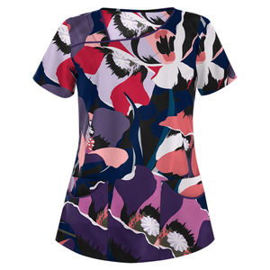 Camiseta de mujer Fitspi con cuello en V, estampada, de manga corta, informal, de verano, con bolsillo, diseño floral, holgada, para mujer. - Product Image 3