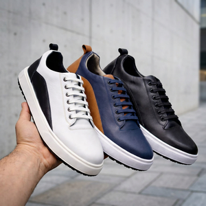 Chaussures de skate à lacets pour hommes, dessus en cuir véritable, doublure en mesh respirante, antidérapantes, plateforme amortissante, adaptées à l'été - Product Image 1