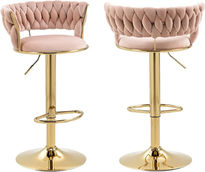 Modern Black Velvet Woven Bar <b>Stool</b>, Adjustable Swivel High Chair with Gold Base & Footrest for Kitchen - Product Image 5