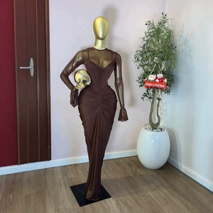 Abito lungo <span class=keywords><strong>da</strong></span> <span class=keywords><strong>sera</strong></span> a sirena <span class=keywords><strong>da</strong></span> donna con pannelli in mesh, collo alto, maniche lunghe e drappeggio, vestito aderente, abbigliamento femminile Sehe Fashion - Product Image 2