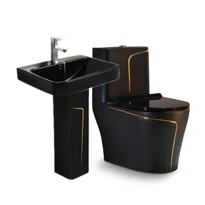 High quality black pedestal wash sink tap with wc one piece siphonic toilet