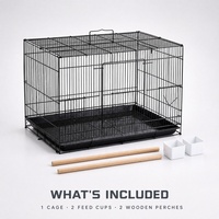 Cage à oiseaux moyenne en métal noir avec perchoir en bois, mangeoires et plateau de base amovible pour perruches, canaris et parakeets