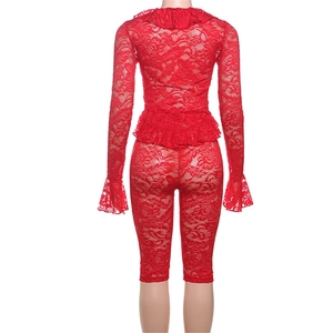 ZHEZHE Damen Elegantes 2-teiliges Set Langarm-Hemd mit Spitzen besatz und dünner halber Hose Modische Street Wear - Product Image 5