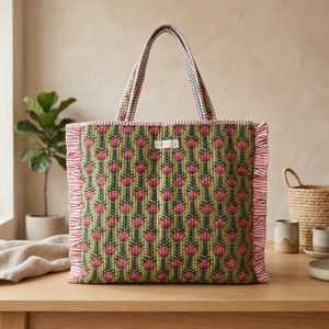 Bolso Tote de Algodón Acolchado con Estampado Artesanal, Cierre de Cremallera, Color Sólido, Forro de Algodón con Volantes Florales, Diseño Espacioso, Estilo Bohemio - Product Image 2