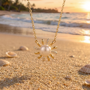 <b>Copper</b> Gold Plated Spinning Sun Ray CZ Freshwater Pearl Pendant Necklace Curved Sunflower Jewelry for Women - Product Image 5